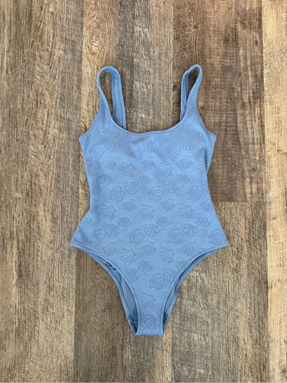 Aerie Cheeky One Piece Swimsuit Blue Textured Scoop Neck Size Large